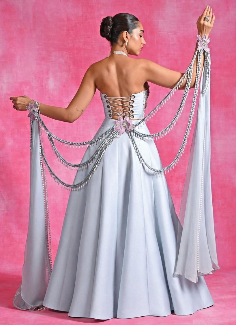 Ice Blue Silk Corset Lehenga Set