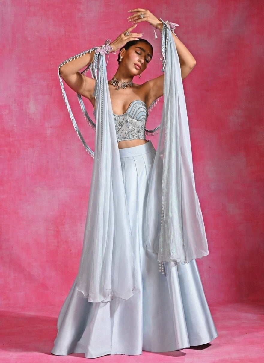 Ice Blue Silk Corset Lehenga Set