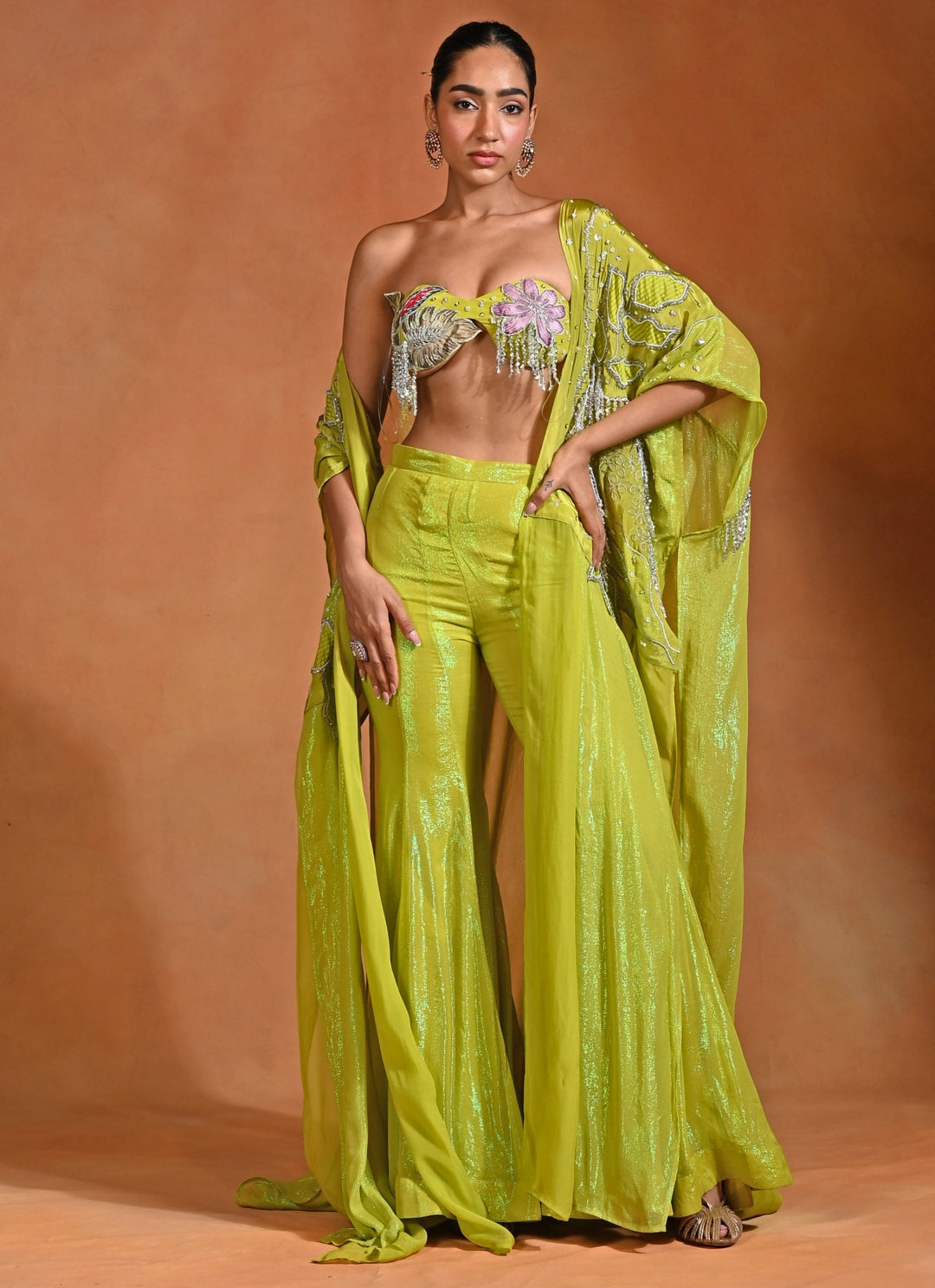 Green Crepe Pants Set With Cape