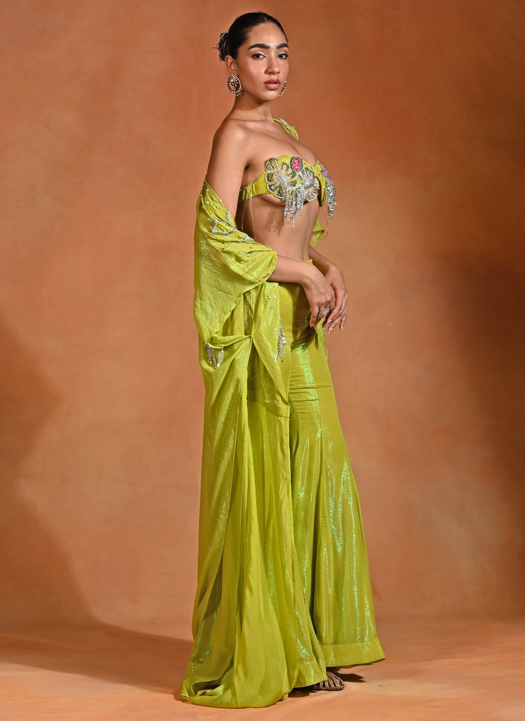 Green Crepe Pants Set With Cape