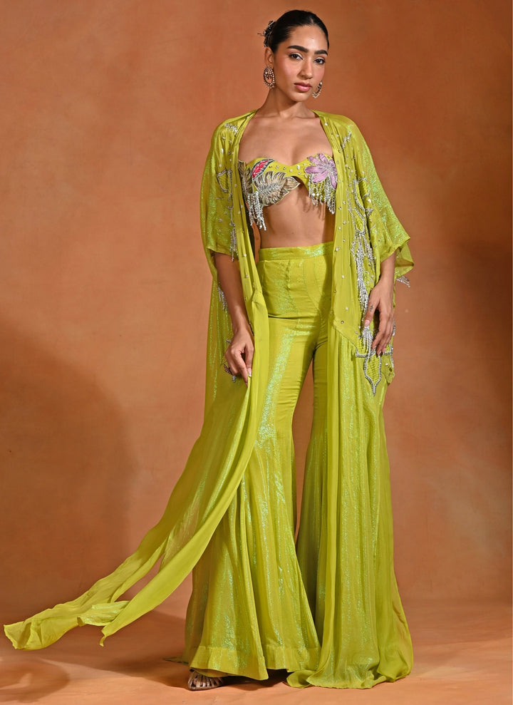 Green Crepe Pants Set With Cape
