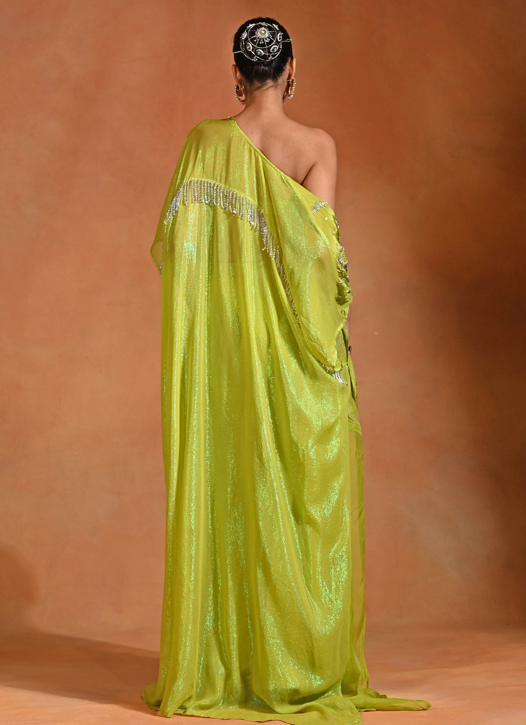 Green Crepe Pants Set With Cape