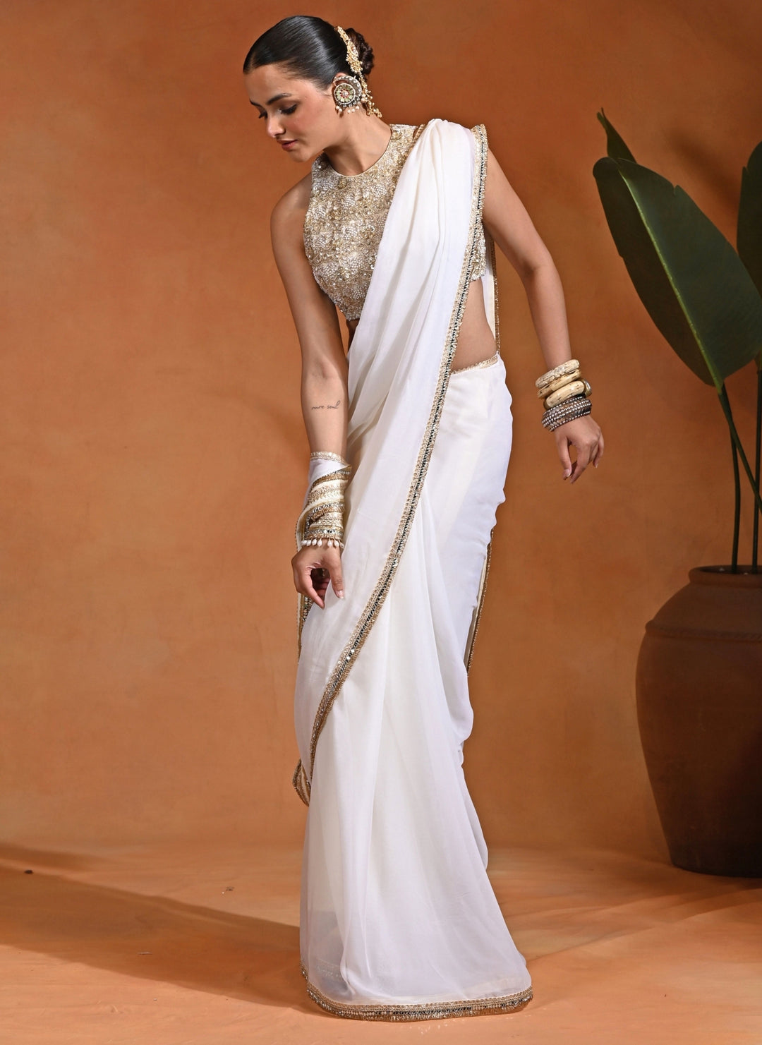 Ivory Chiffon Pre-Draped Saree Set