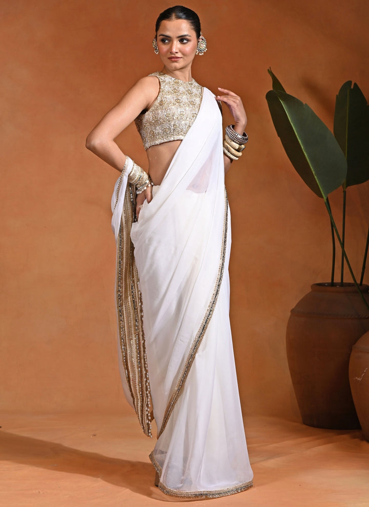 Ivory Chiffon Pre-Draped Saree Set
