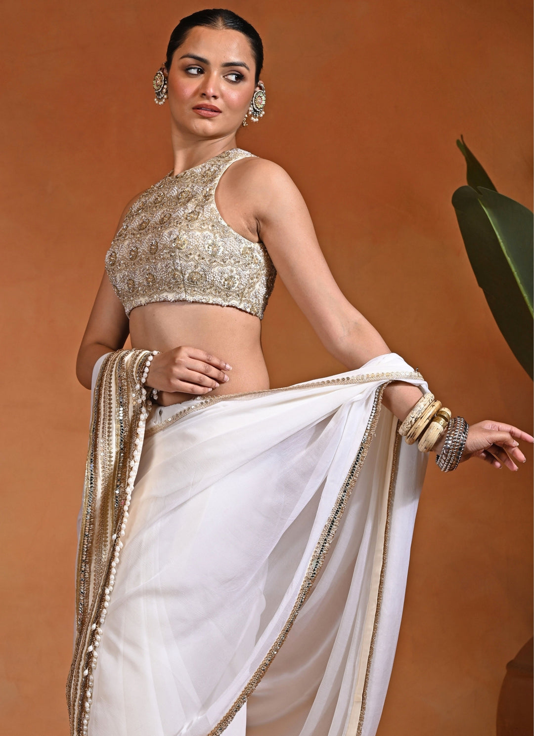 Ivory Chiffon Pre-Draped Saree Set