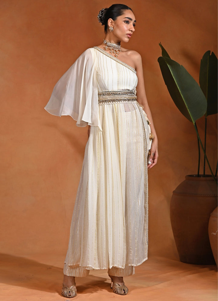 Ivory Georgette One-Shoulder Kurta Pants Set