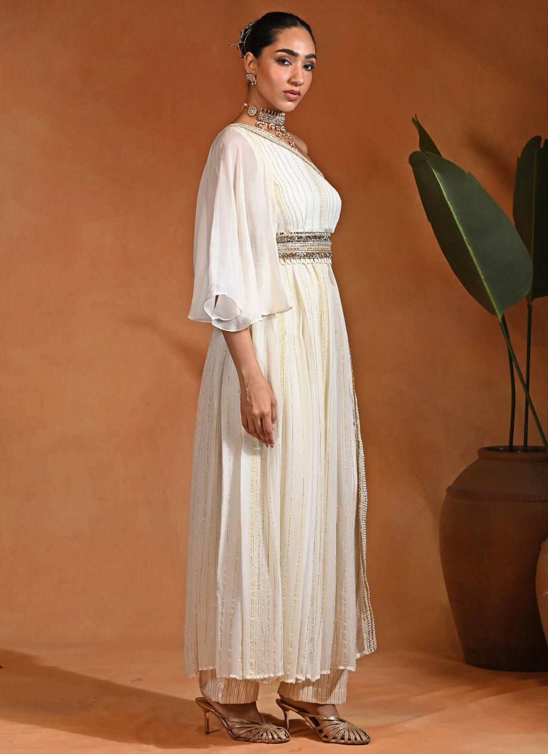 Ivory Georgette One-Shoulder Kurta Pants Set