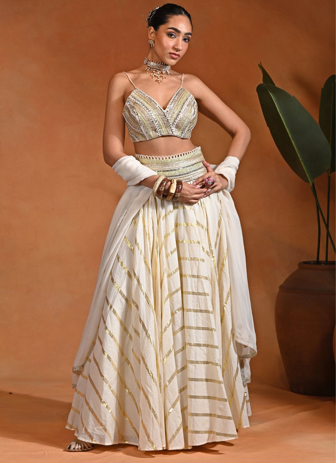 Ivory Cotton Jacquard Lehenga Set