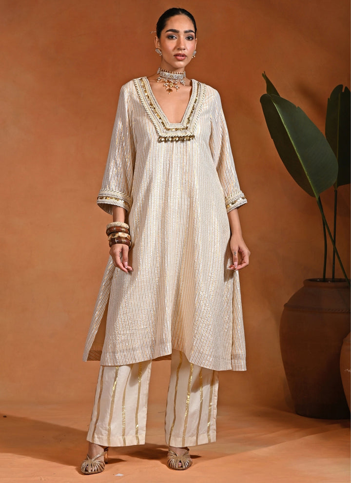 Ivory Cotton Lurex Kurta Pants Set