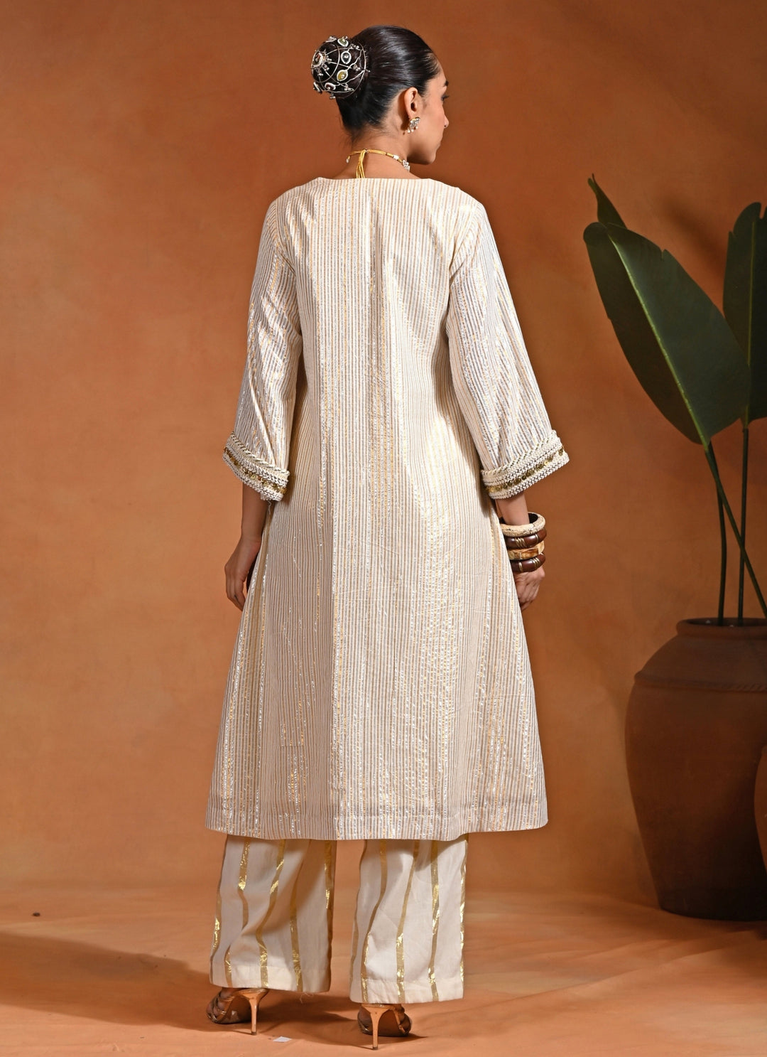 Ivory Cotton Lurex Kurta Pants Set
