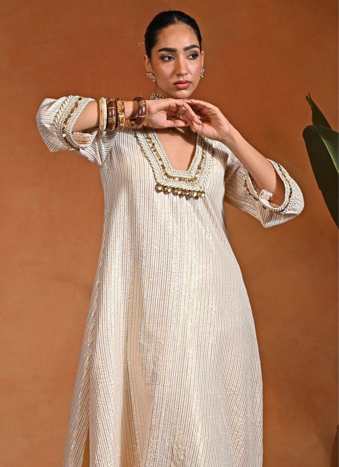 Ivory Cotton Lurex Kurta Pants Set
