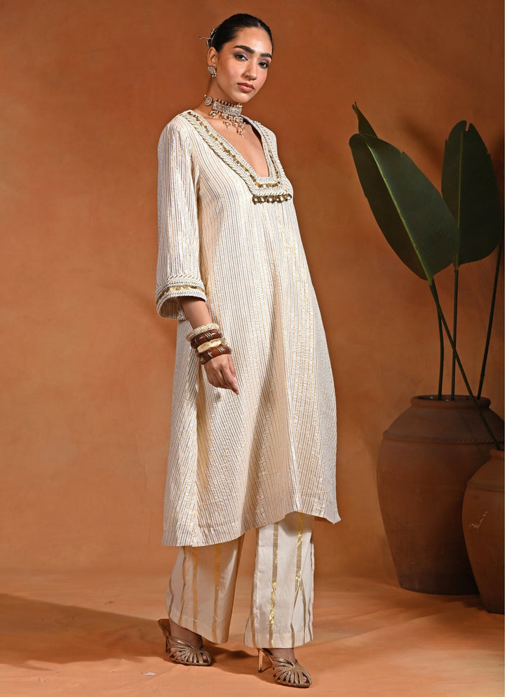 Ivory Cotton Lurex Kurta Pants Set