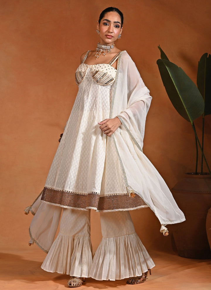 Ivory Cotton Jacquard Anarkali Set With Sharara