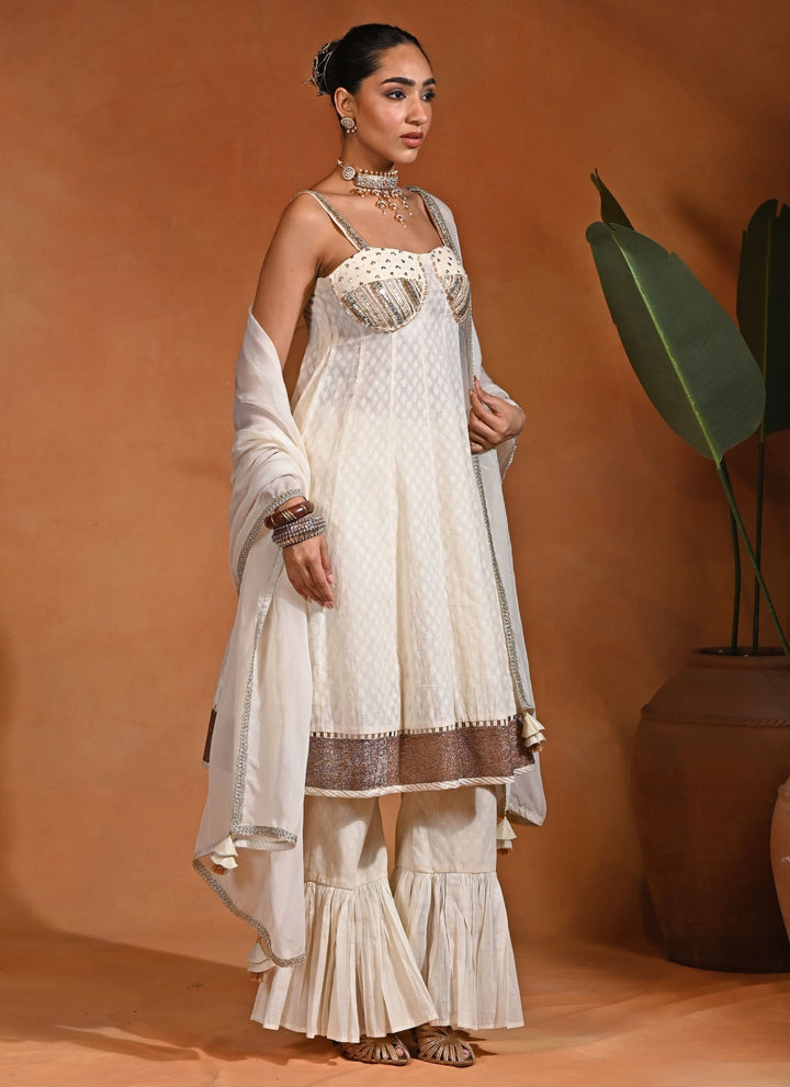 Ivory Cotton Jacquard Anarkali Set With Sharara