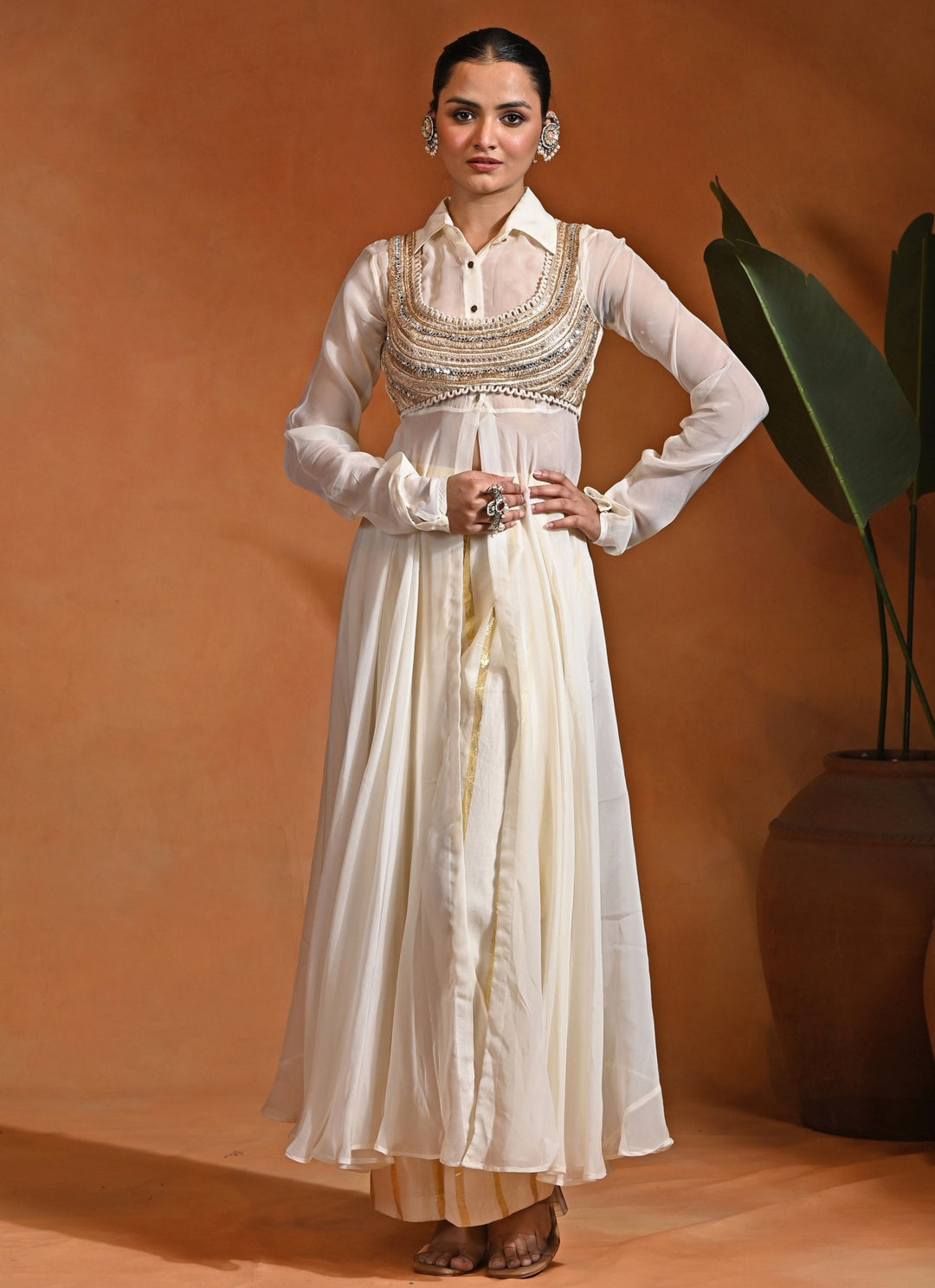 Ivory Cotton Jacquard Anarkali Set With Blouse