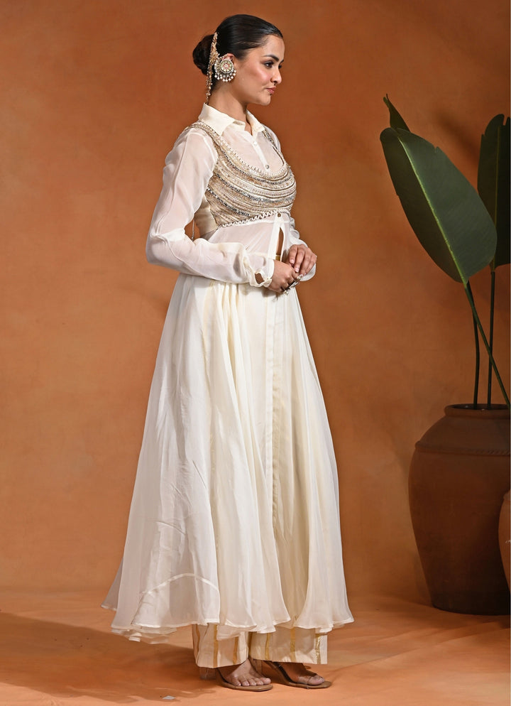 Ivory Cotton Jacquard Anarkali Set With Blouse