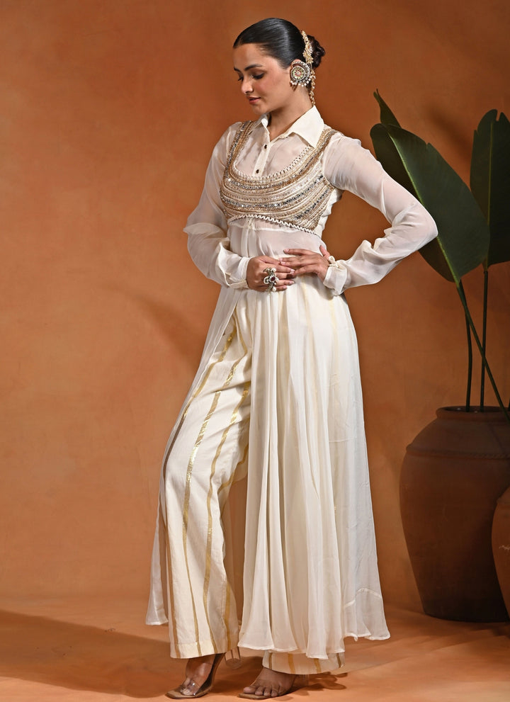 Ivory Cotton Jacquard Anarkali Set With Blouse