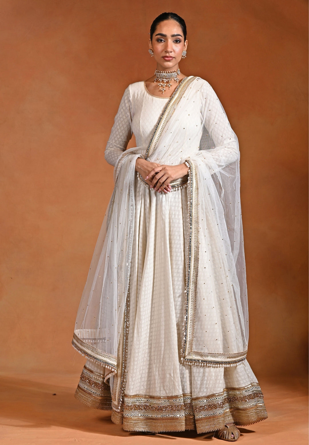 Ivory Cotton Jacquard Anarkali Set