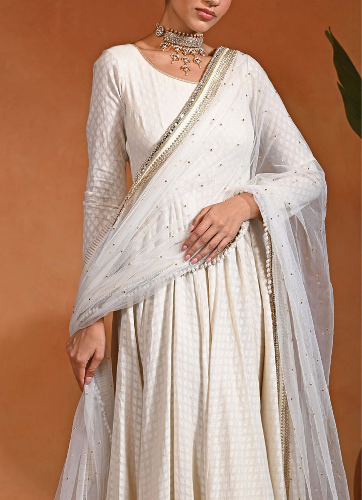 Ivory Cotton Jacquard Anarkali Set