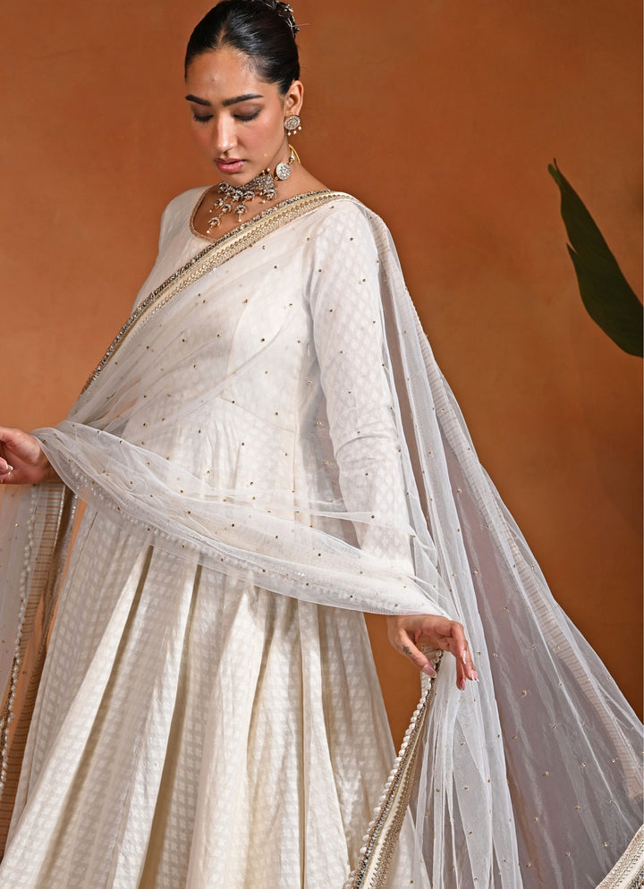 Ivory Cotton Jacquard Anarkali Set
