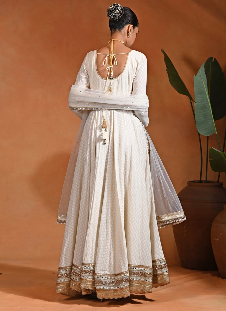 Ivory Cotton Jacquard Anarkali Set