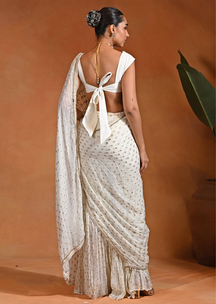 Ivory Georgette Pre-Draped Pant Saree Set