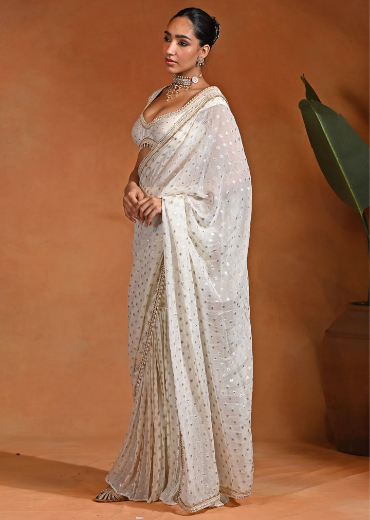 Ivory Georgette Pre-Draped Pant Saree Set