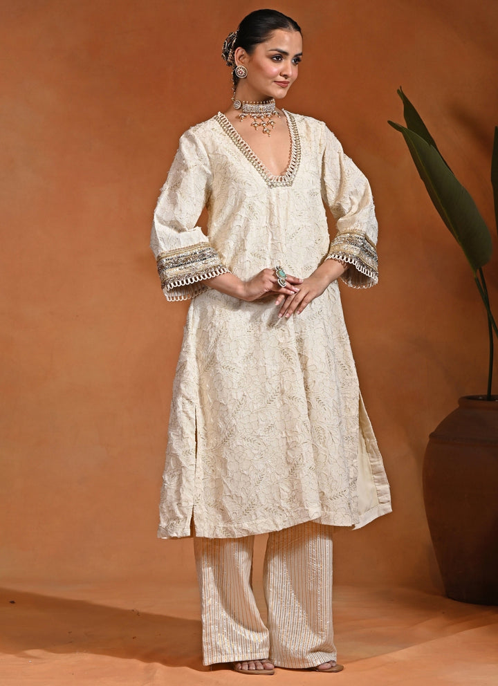Ivory Embroidered Jacquard Kurta Pants Set