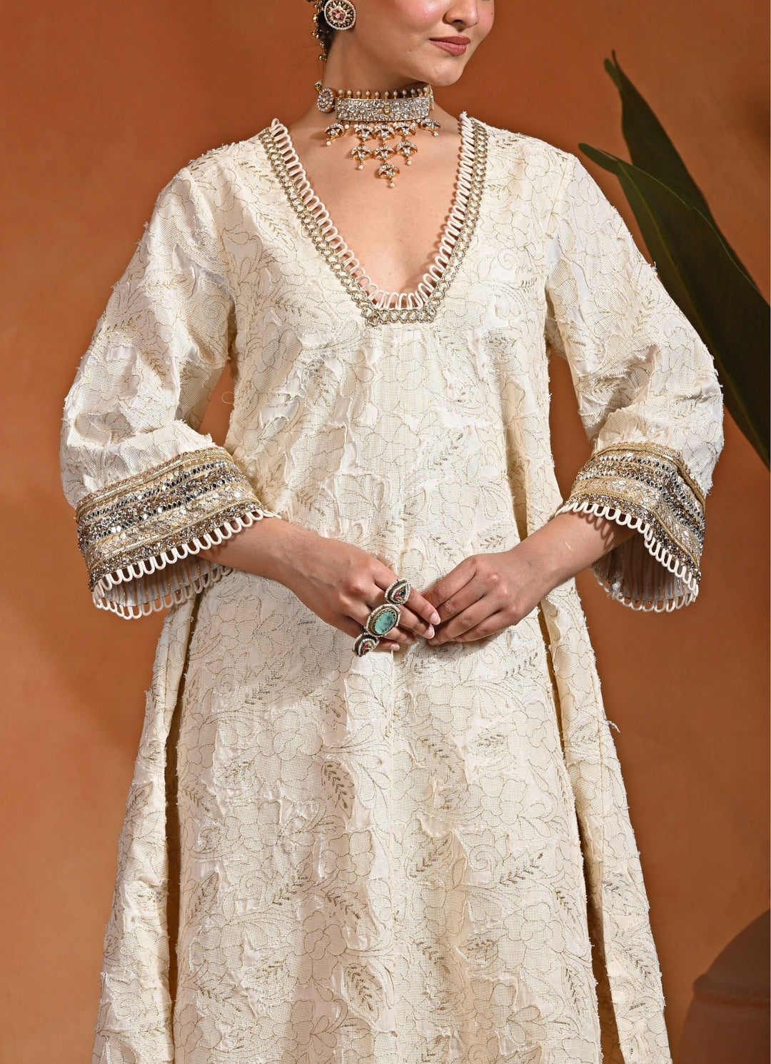 Ivory Embroidered Jacquard Kurta Pants Set