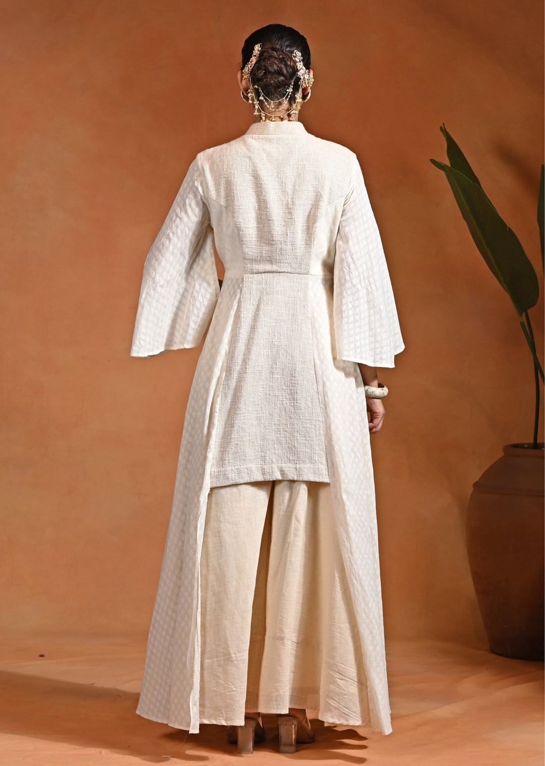 Ivory Cotton Jacquard Anarkali Set With Flared Pants