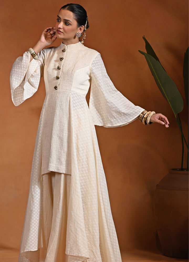 Ivory Cotton Jacquard Anarkali Set With Flared Pants
