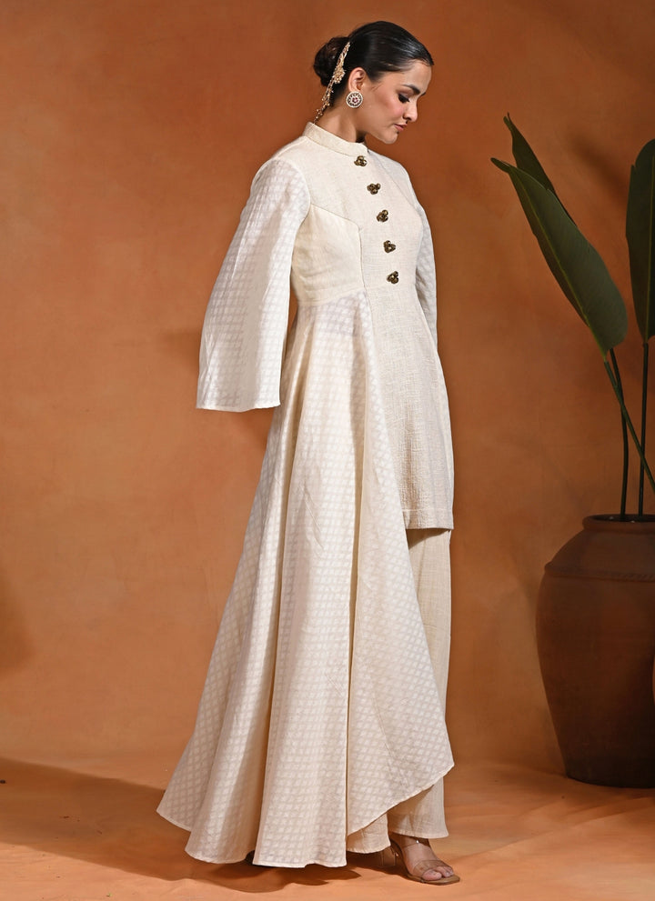 Ivory Cotton Jacquard Anarkali Set With Flared Pants