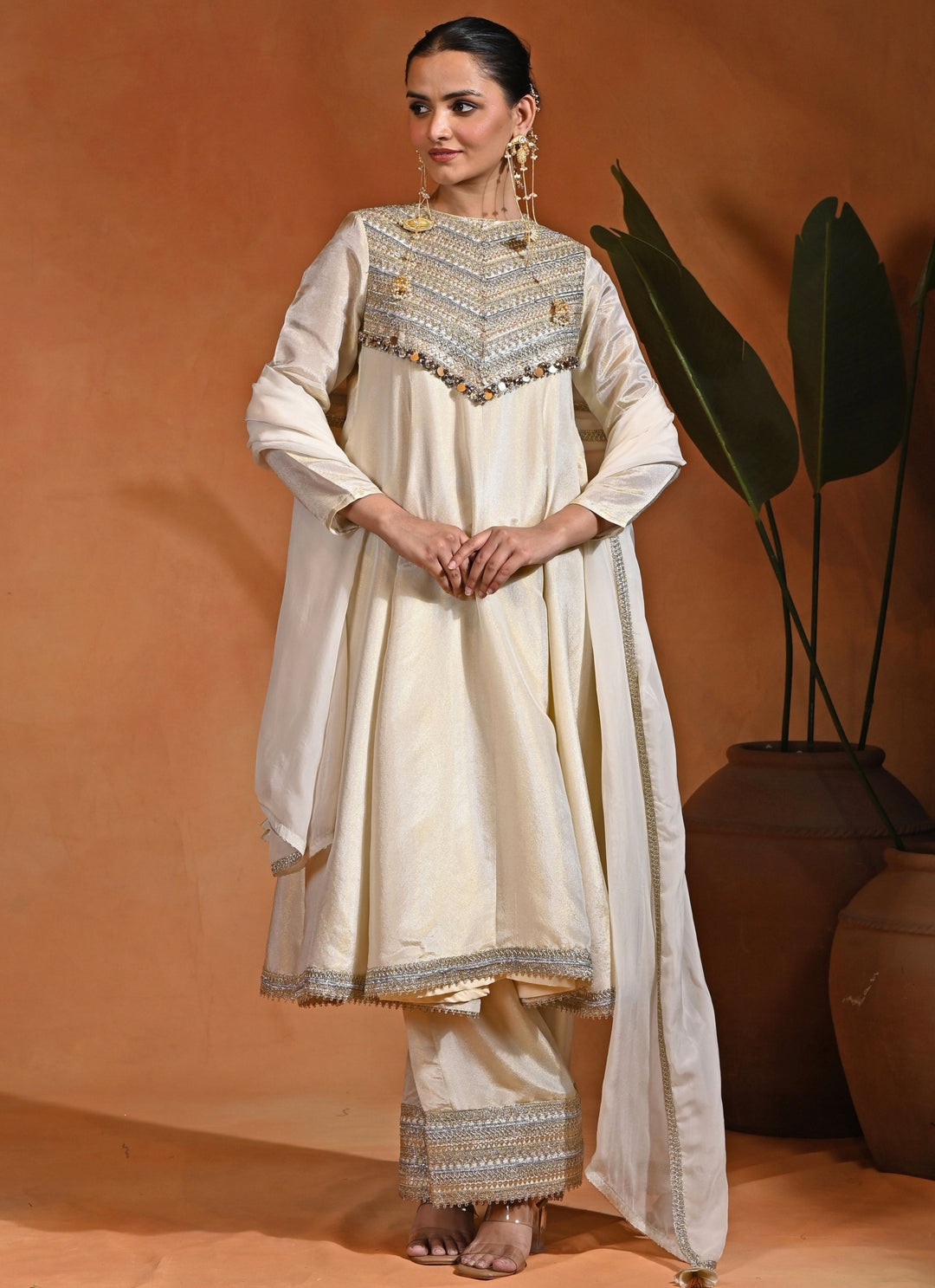 Ivory Tissue Silk Anarkali Set