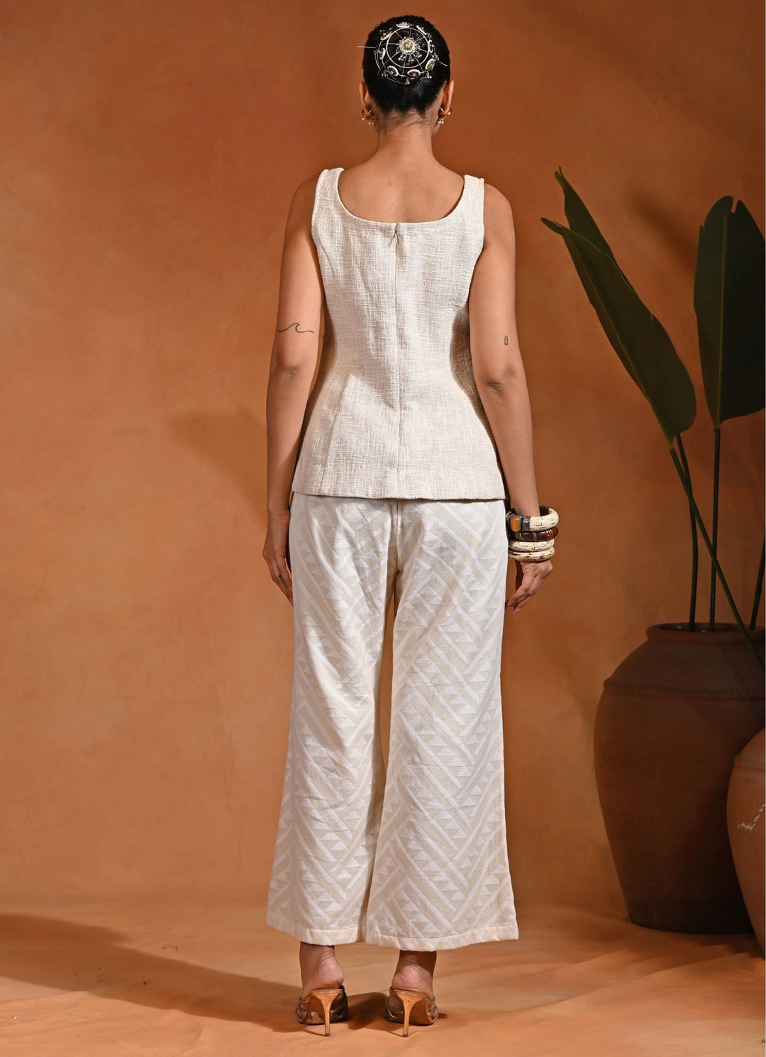 Ivory Cotton Jacquard Top And Pants Set