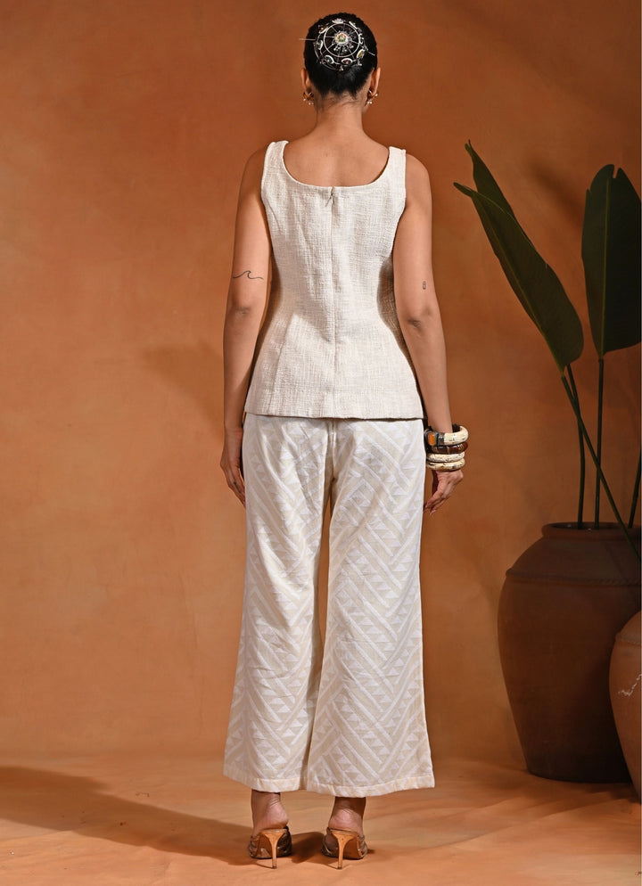 Ivory Cotton Jacquard Top And Pants Set