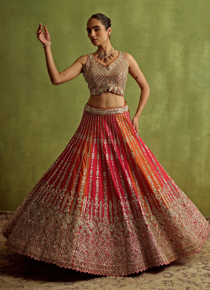 Orange And Hot Pink Mirror Embroidered Silk Lehenga