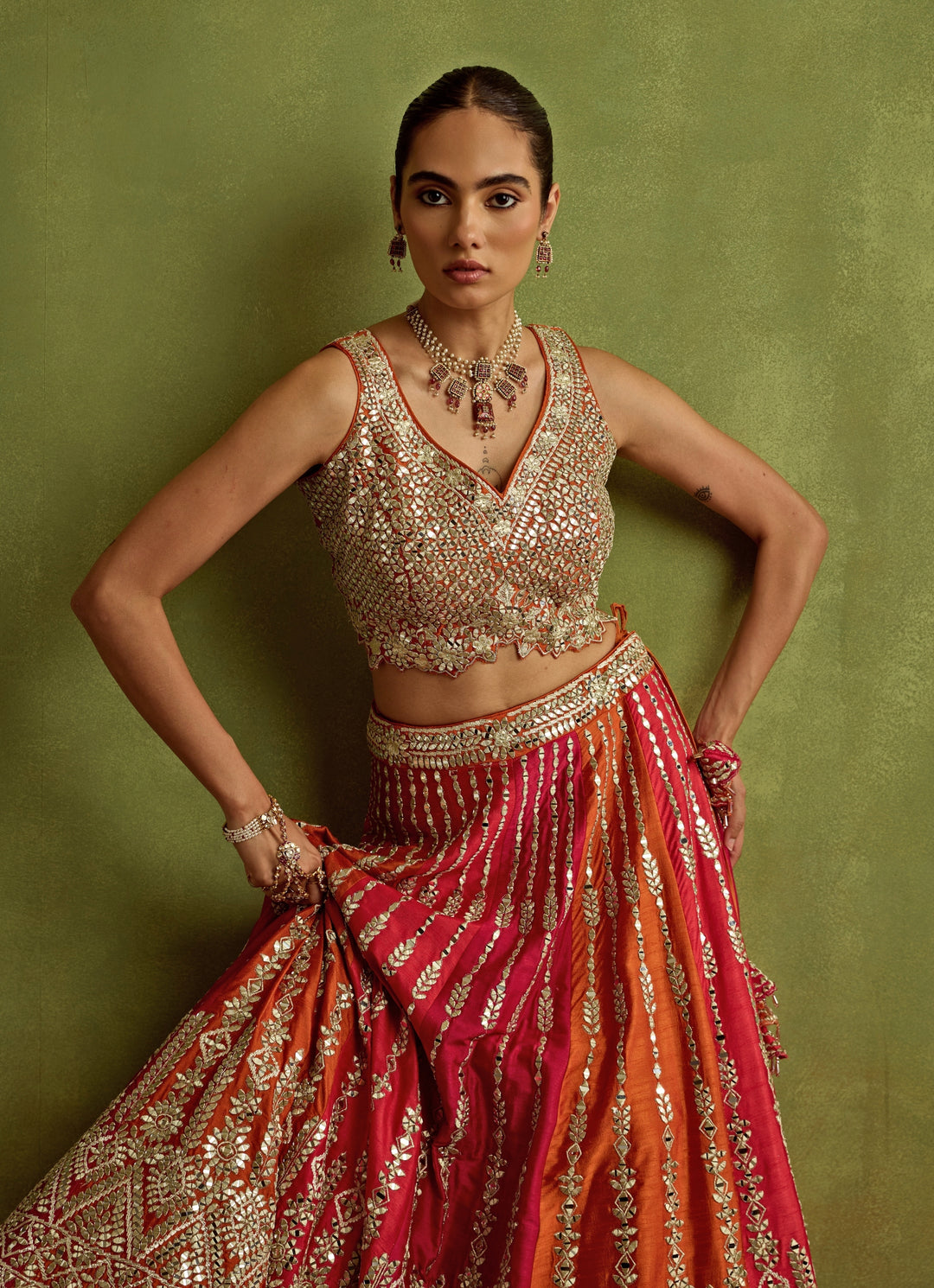 Orange And Hot Pink Mirror Embroidered Silk Lehenga