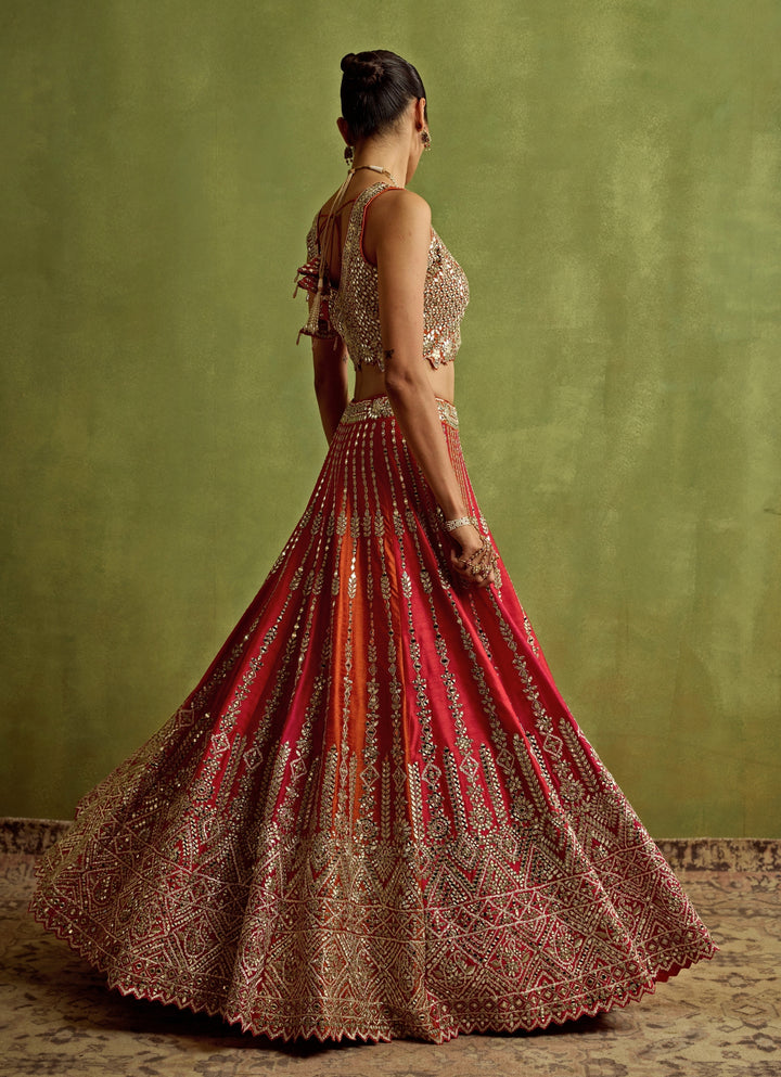 Orange And Hot Pink Mirror Embroidered Silk Lehenga