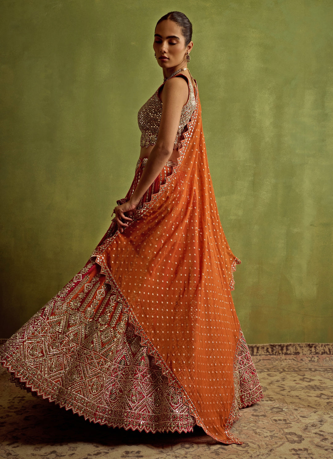 Orange And Hot Pink Mirror Embroidered Silk Lehenga