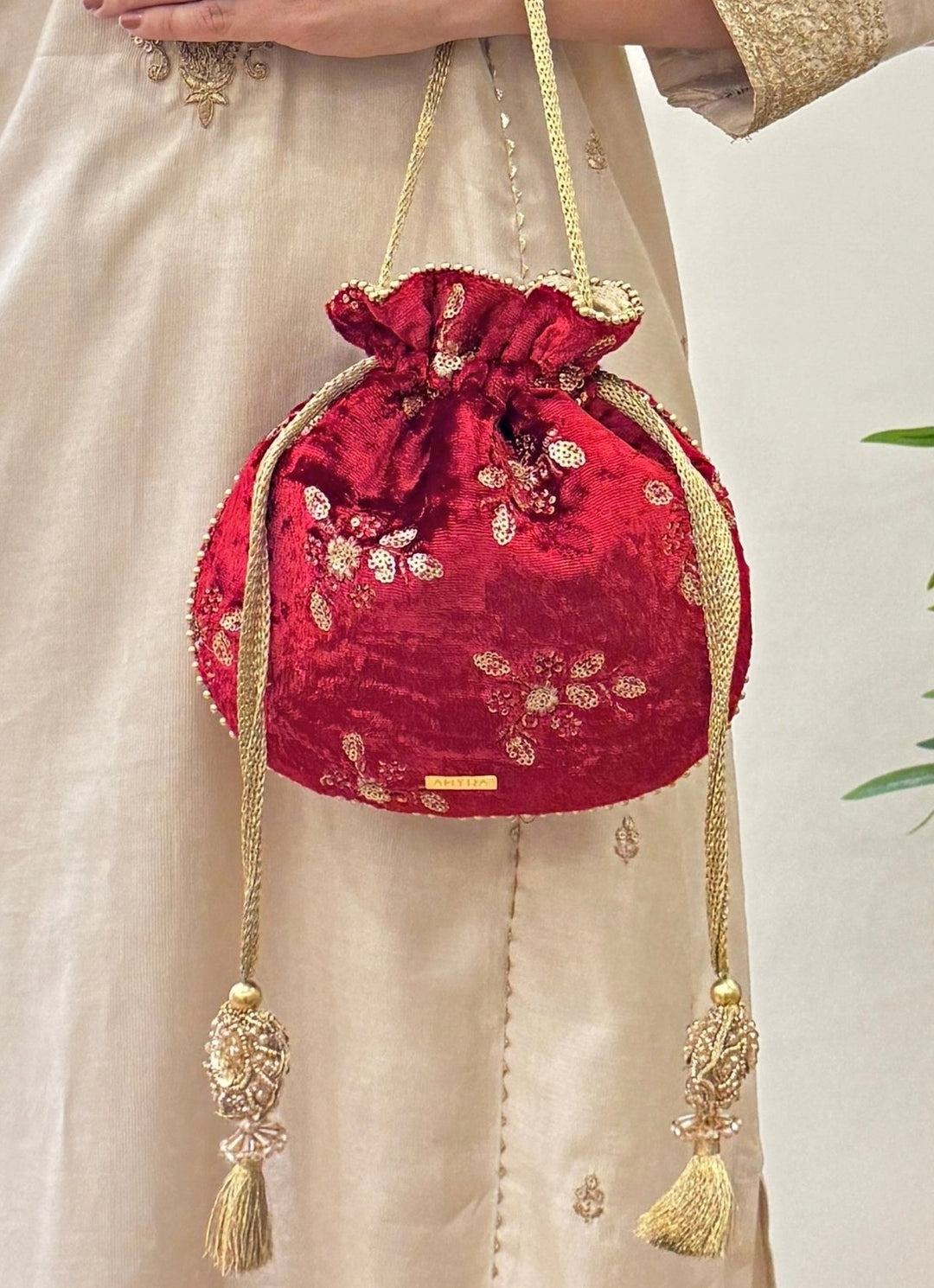 Red Velvet Embroidered Potli