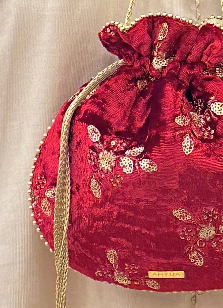 Red Velvet Embroidered Potli