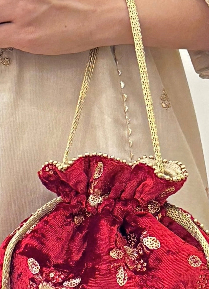 Red Velvet Embroidered Potli