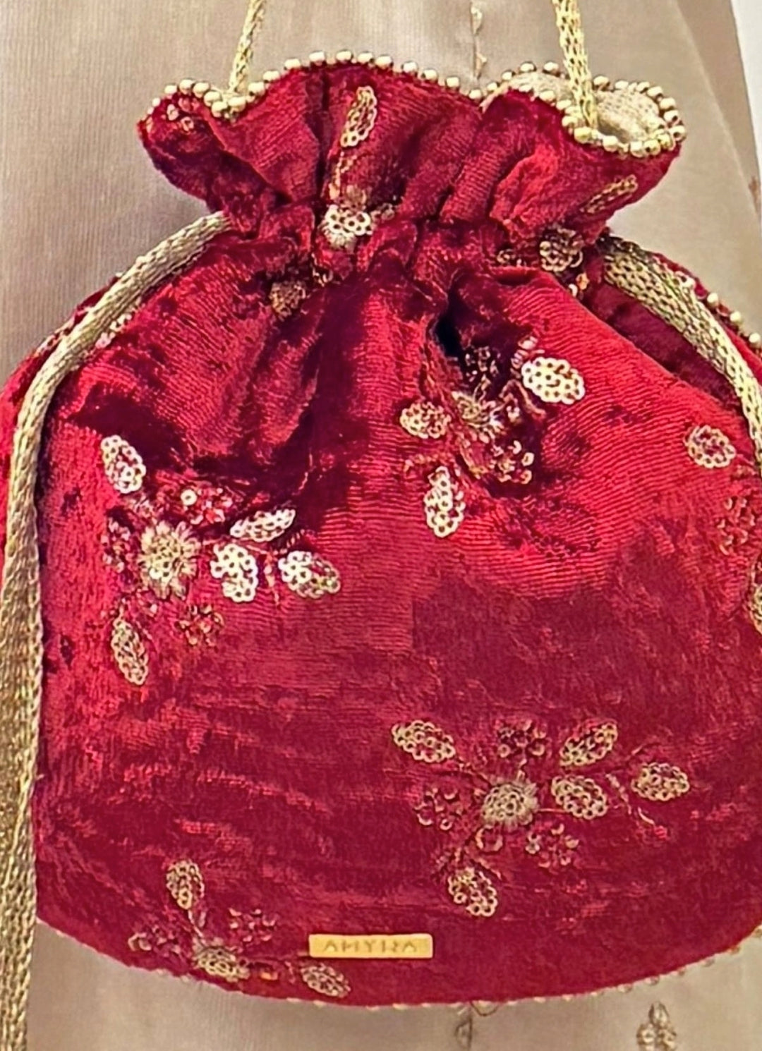 Red Velvet Embroidered Potli