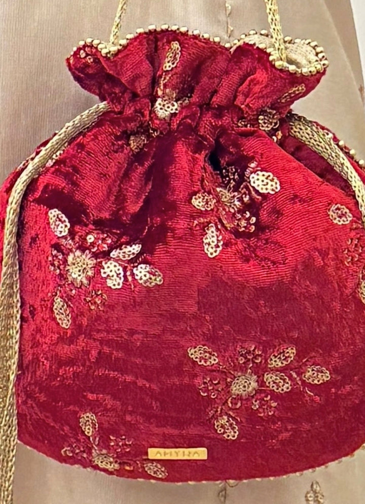 Red Velvet Embroidered Potli