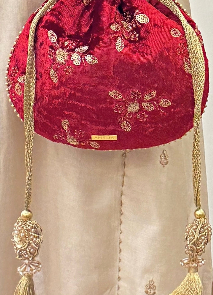 Red Velvet Embroidered Potli