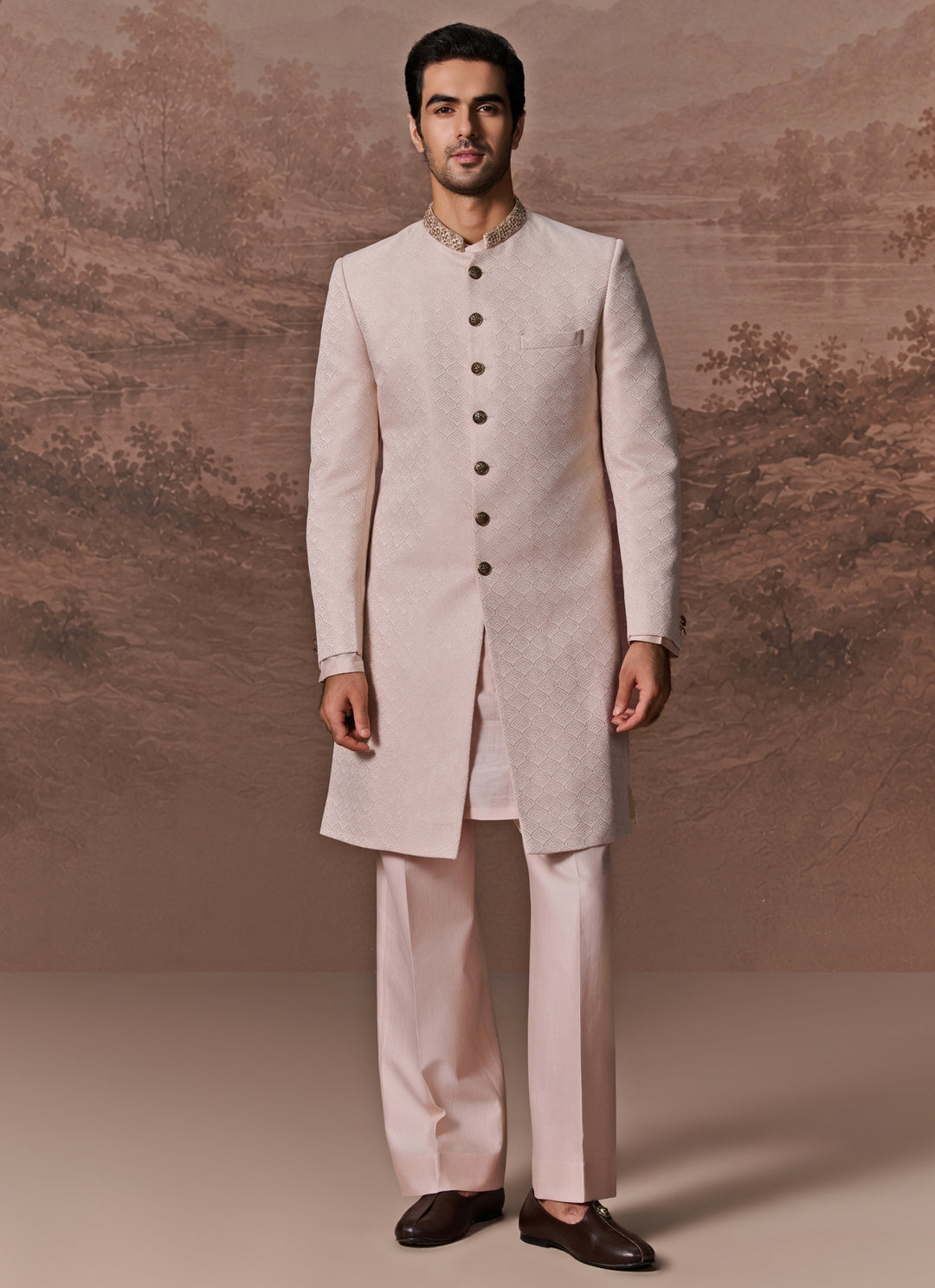 Nude Pink Embroidered Jacquard Sherwani Set