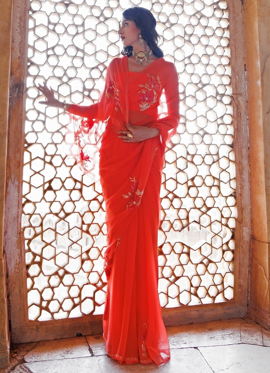 Peach Hand Embroidered Chiffon Saree