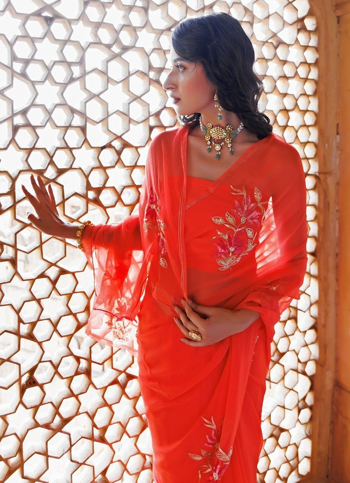 Peach Hand Embroidered Chiffon Saree
