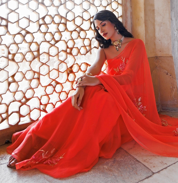 Peach Hand Embroidered Chiffon Saree