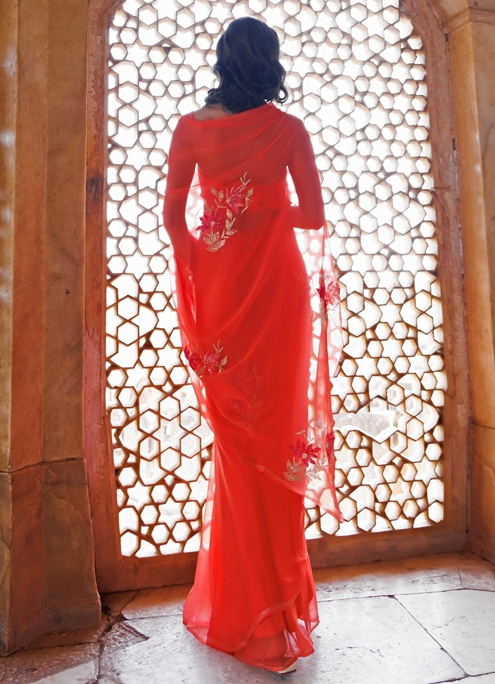 Peach Hand Embroidered Chiffon Saree